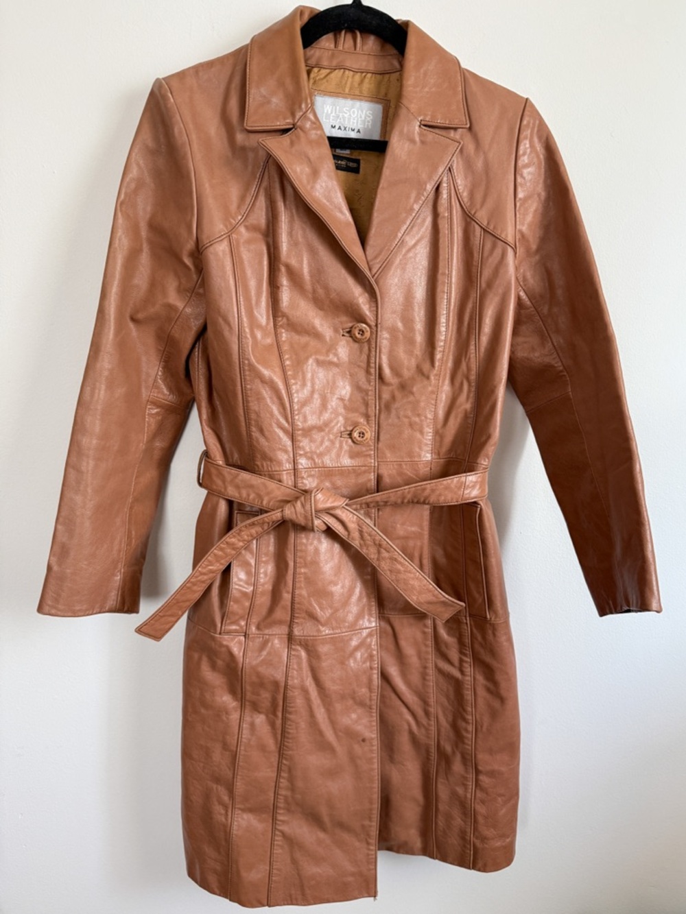 Wilsons Leather Women's Tan Leather Trench Coat with Belt